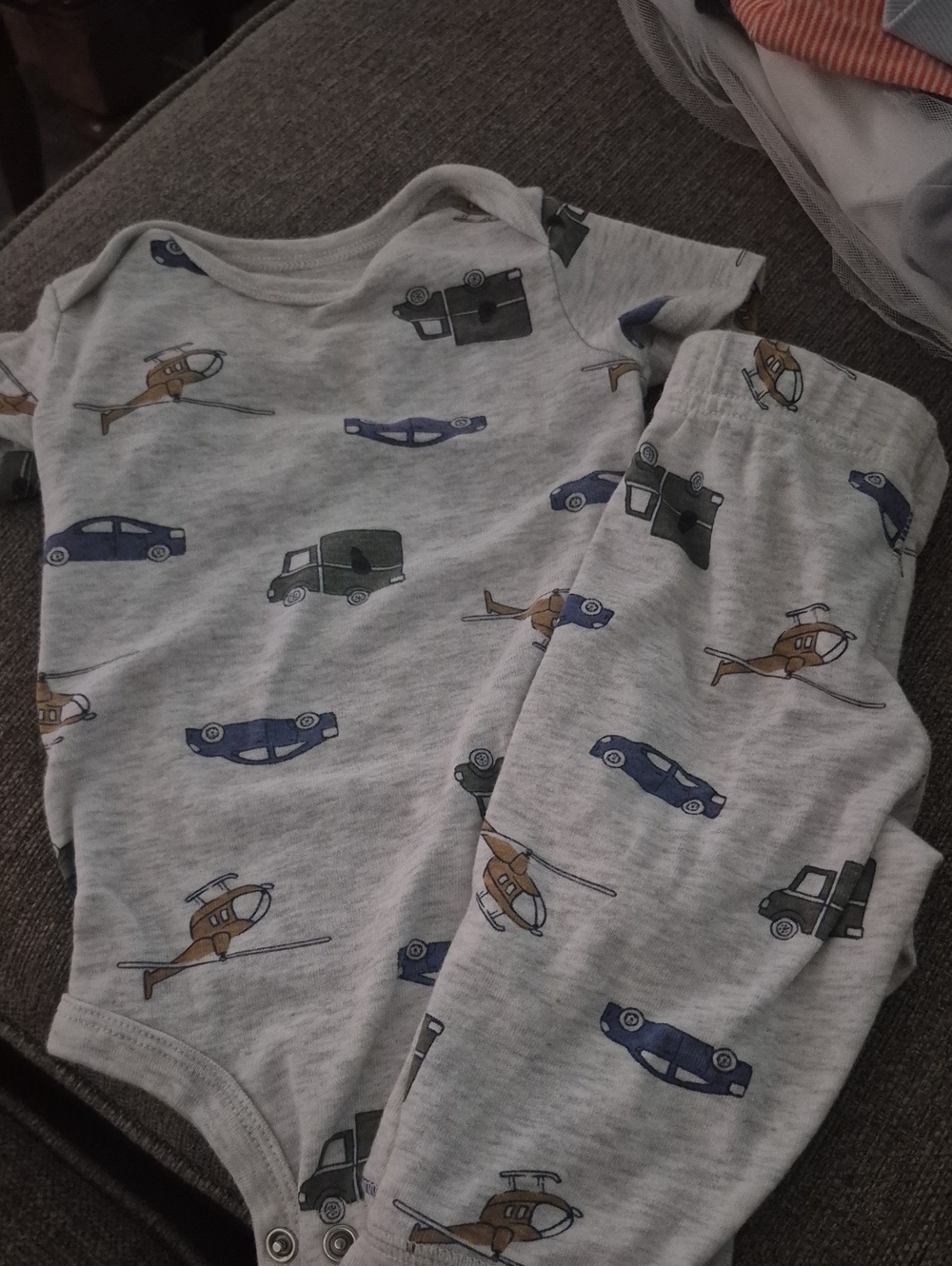 Carter's Grey Transport Print Matching Set with Blue, Brown, and Green Vehicles